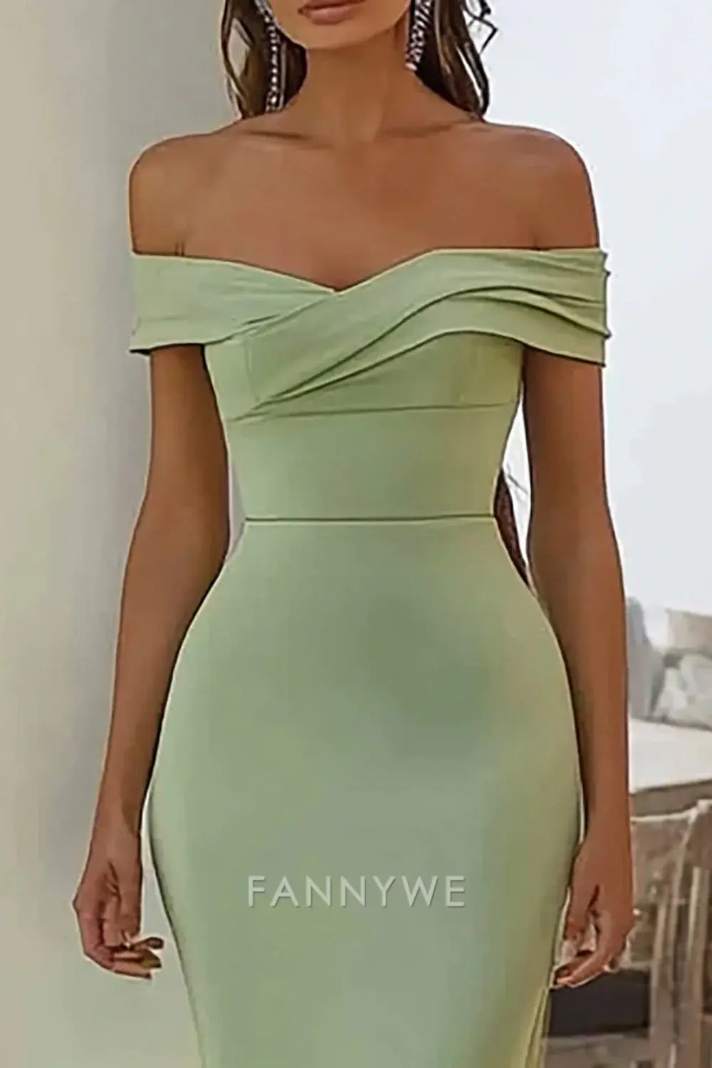 FannyWe Simple Sage Off the Shoulder Mermaid Long Satin Formal Dress